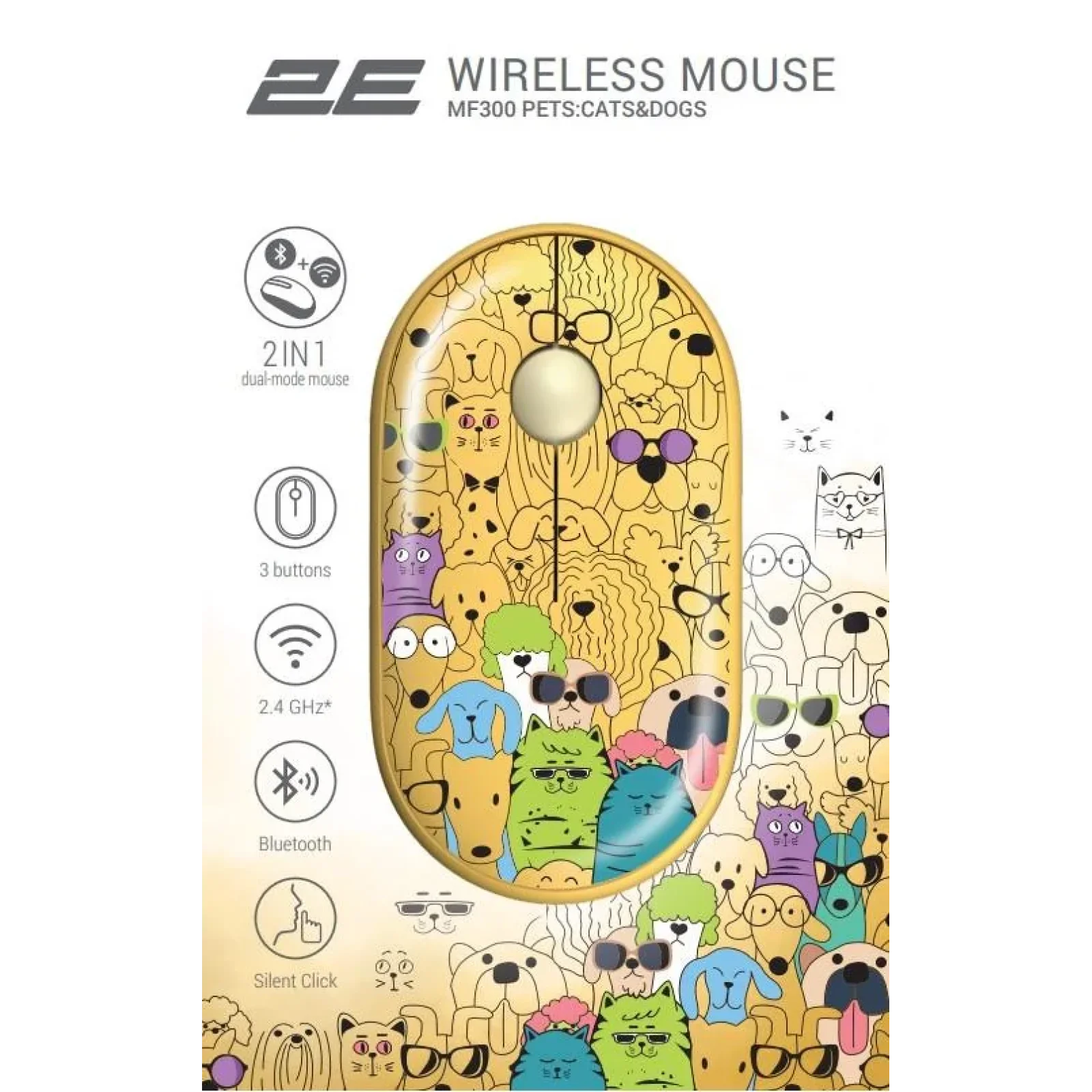 Миша 2E MF300 PETS:CATS&DOGS Silent WL BT, жовтий, 2E-MF300WPETSYW UA