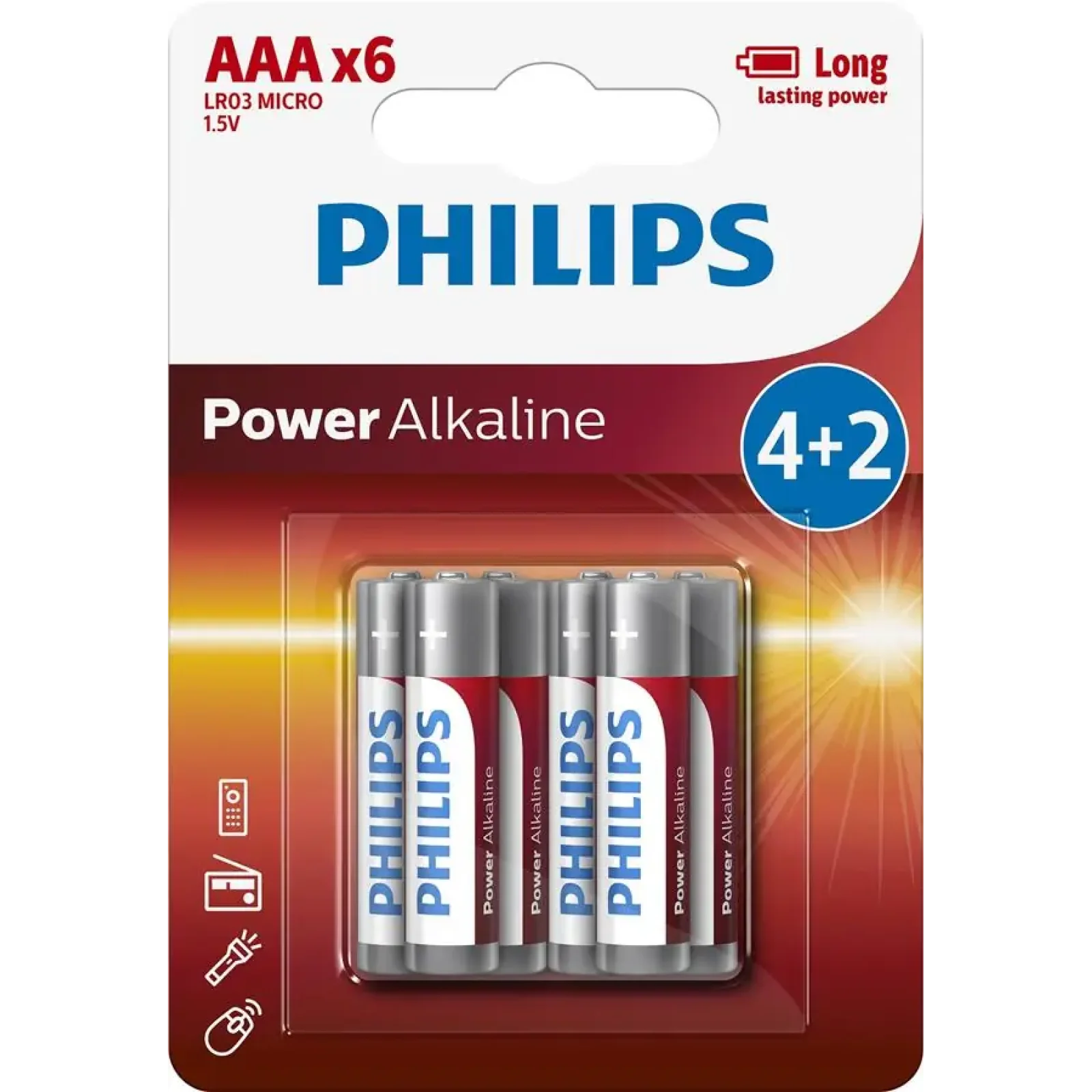 Батарейка Philips Power Alkaline AAA лужна блістер, 6 шт (LR03P6BP/10) UA