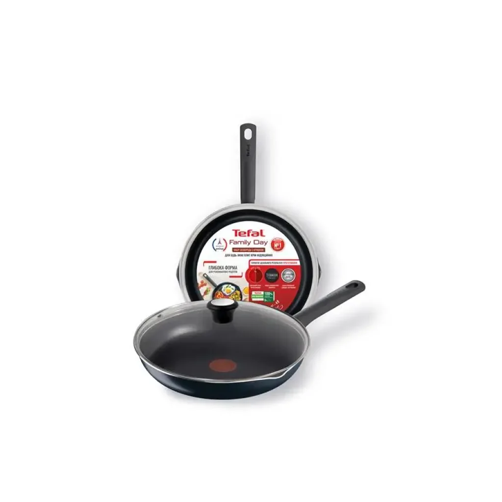 Сковорода з кришкою Tefal Family Day, 26см, алюміній, бакеліт, скло, чорний (B5660553UA) UA