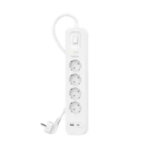 Подовжувач мережевий Belkin 2м, 4хТип, 16А, USB-A/USB-C 18Вт, фільтр, білий (SRB001VF2M-V2) UA