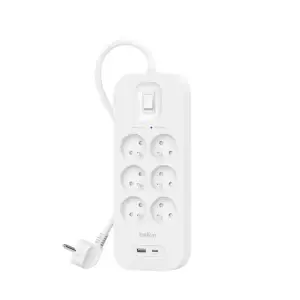 Подовжувач мережевий Belkin 2м, 6хТипE, 16А, USB-A/USB-C 18Вт, фільтр, білий (SRB002CA2M) UA