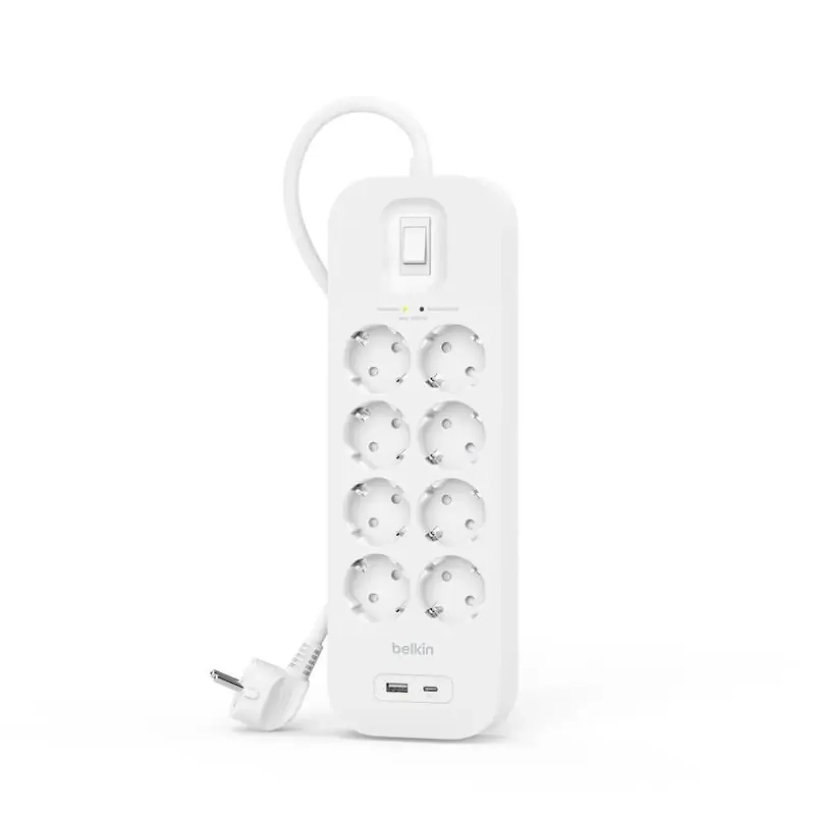 Подовжувач-фільтр мережевий Belkin 8хТип F, 3x1.5мм кв, 16А, USB-A/USB-C 18Вт, з захистом від перенапруги, 2м, білий (SRB003VF2M-V2) UA