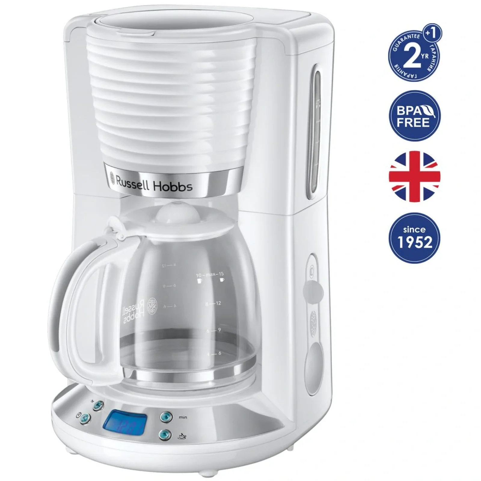 Кавоварка Russell Hobbs крапельна Inspire, 1,25л, мелена, 10 чашок, таймер вимкнення, білий, 24390-56 UA