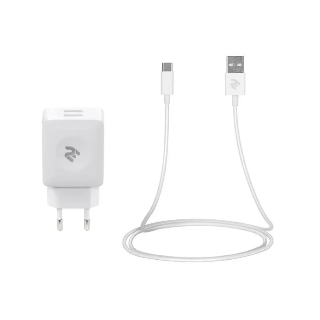 Набор СЗУ 2E Wall Charger Dual USB-A 2.4A+кабель USB-C White, 2E-WC1USB2.1A-CC UA