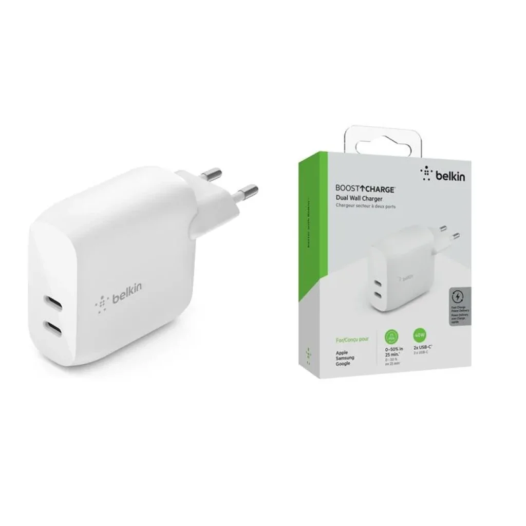 МЗП Belkin 40Вт 2хUSB-С PD, білий, WCB006VFWH UA