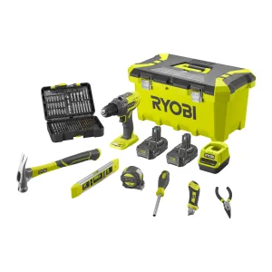 Шуруповерт-дрель RYOBI R18PD3-220TAH, ONE+ 18В, ударная, с набором ручного инструмента и оснасткой, с toolbox, АКБ 2х2Ач, ЗУ., 5133005506 UA