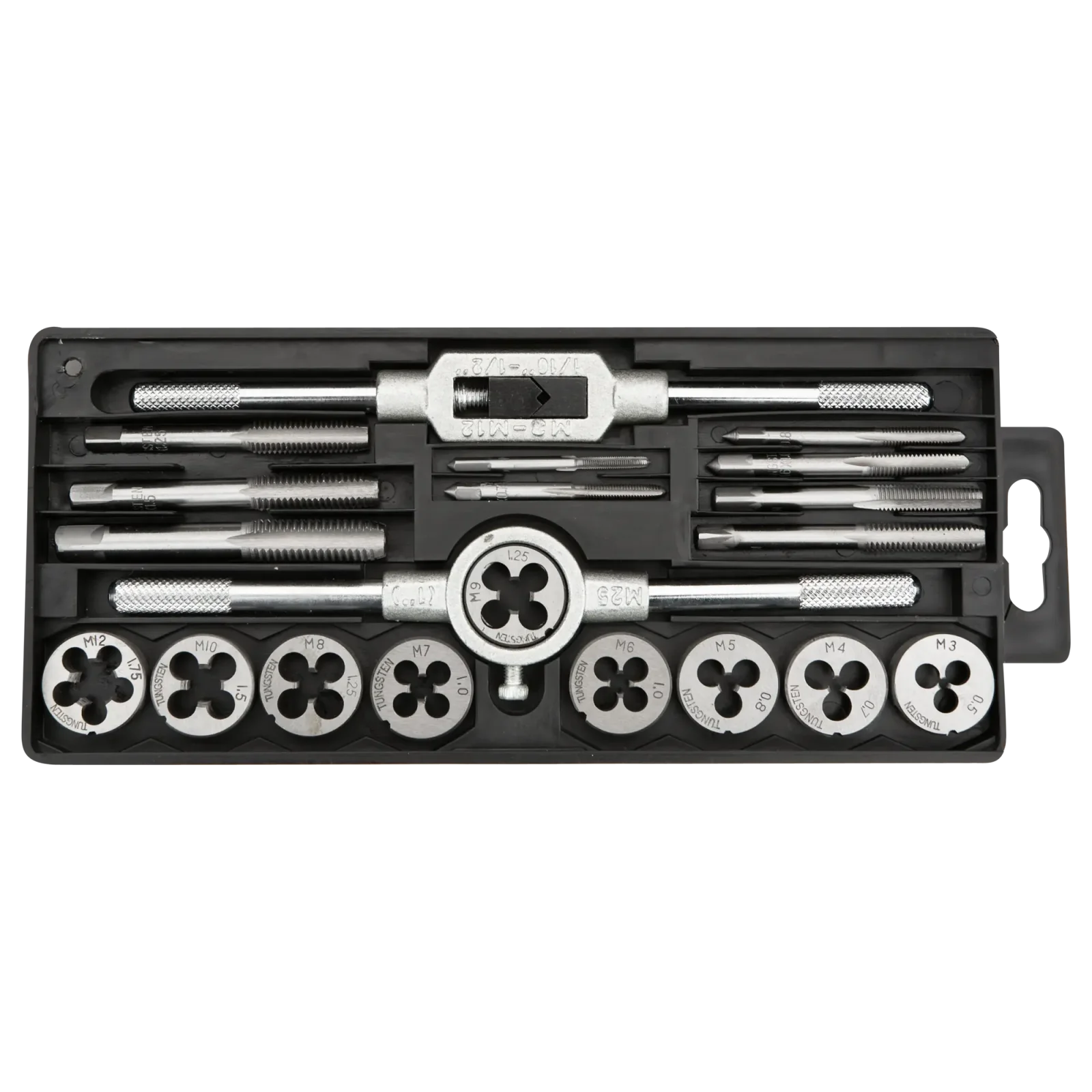 Плашки та мітчики TOPEX, M3-M12, крок різьблення 0.5-1.75мм, вольфрамова сталь, набір 20шт (14A425) UA