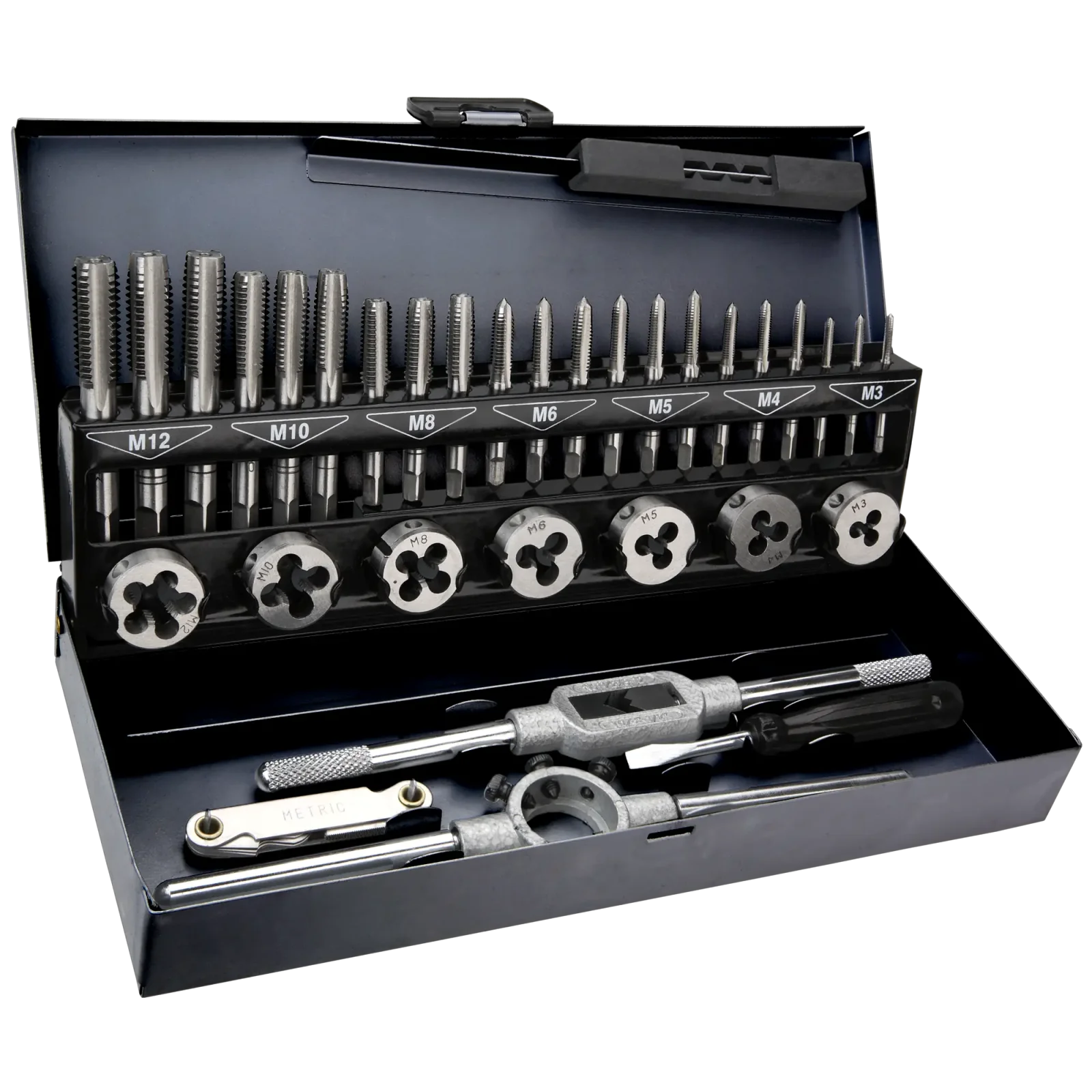Плашки та мітчики TOPEX, M3-M12, крок різьблення 0.5-1.75мм, вольфрамова сталь, металевий кейс, набір 32шт (14A426) UA
