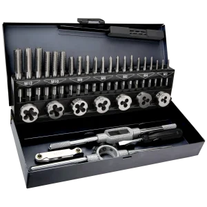 Плашки та мітчики TOPEX, M3-M12, крок різьблення 0.5-1.75мм, вольфрамова сталь, металевий кейс, набір 32шт (14A426) UA