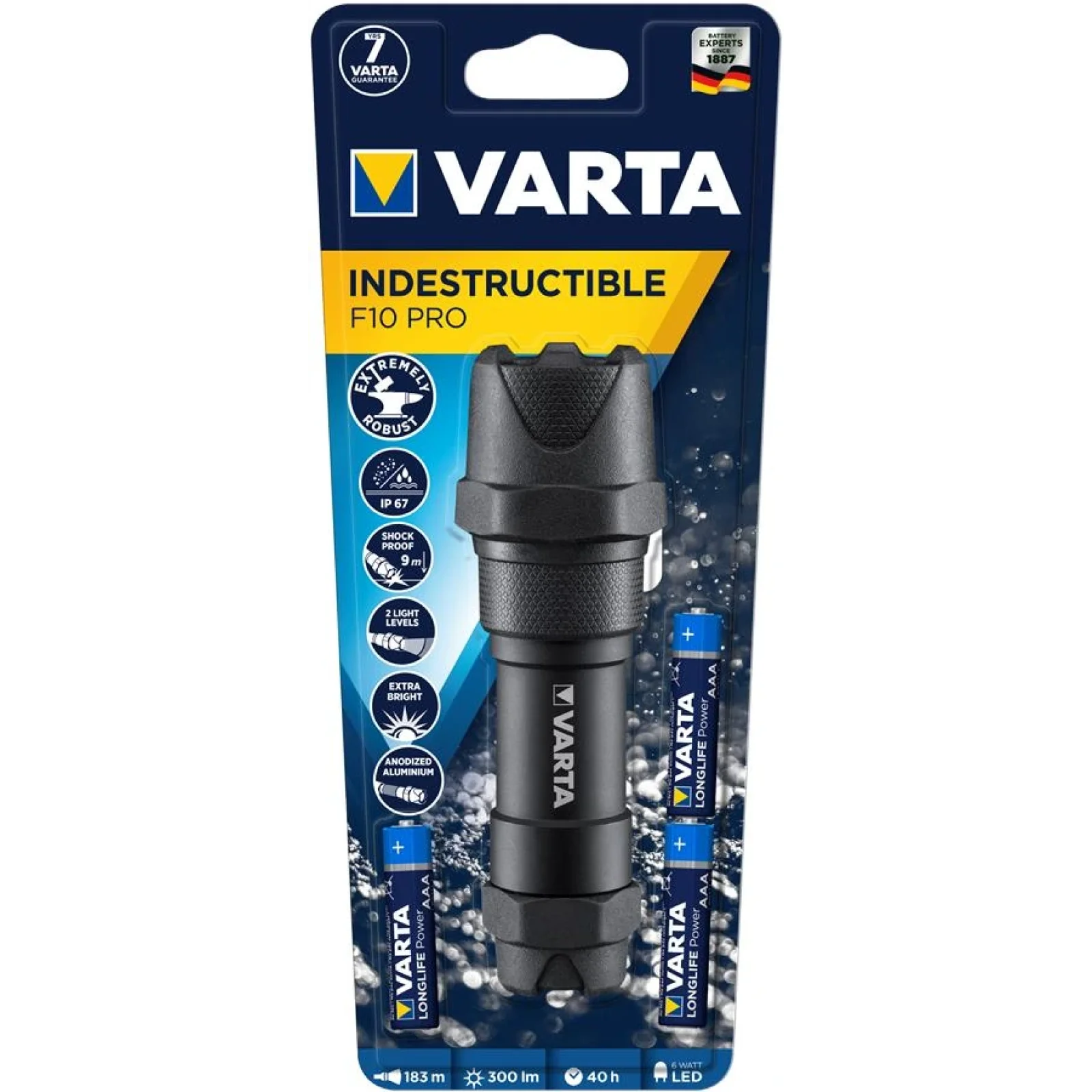 Фонарь Varta Ручной Indestructible F10 Pro, 6 Ватт, IP67, IK08, до 300 люмен, до 183 метров, 3хААА, 18710101421 UA
