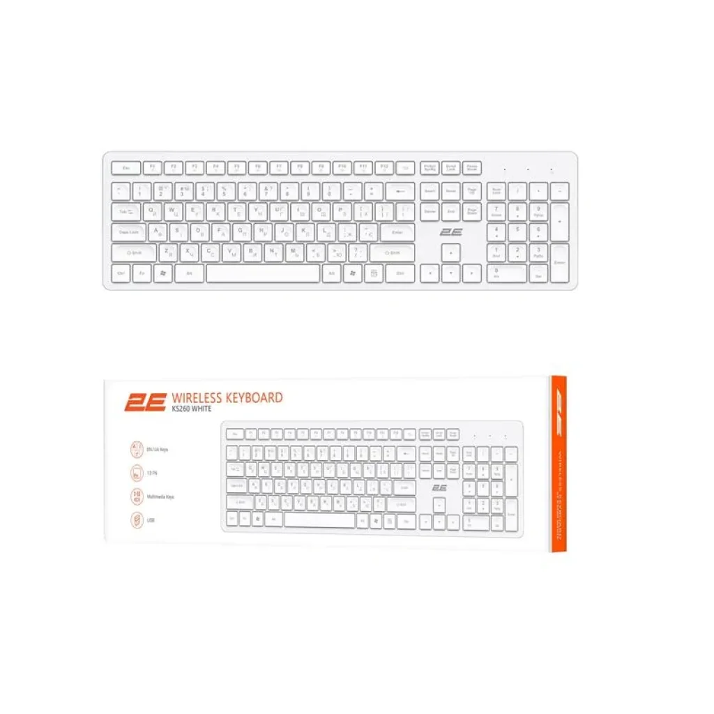 Клавіатура мембранна 2E KS260 106key, WL, EN/UK, білий, 2E-KS260WWH_UA UA