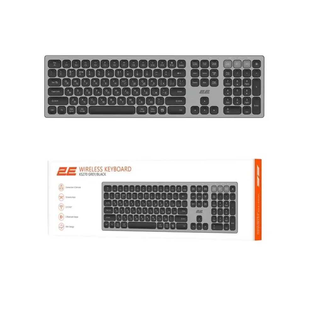 Клавіатура ножнична 2E KS270 109key, WL/BT, EN/UK, сіро-чорний, 2E-KS270WBGR_UA UA