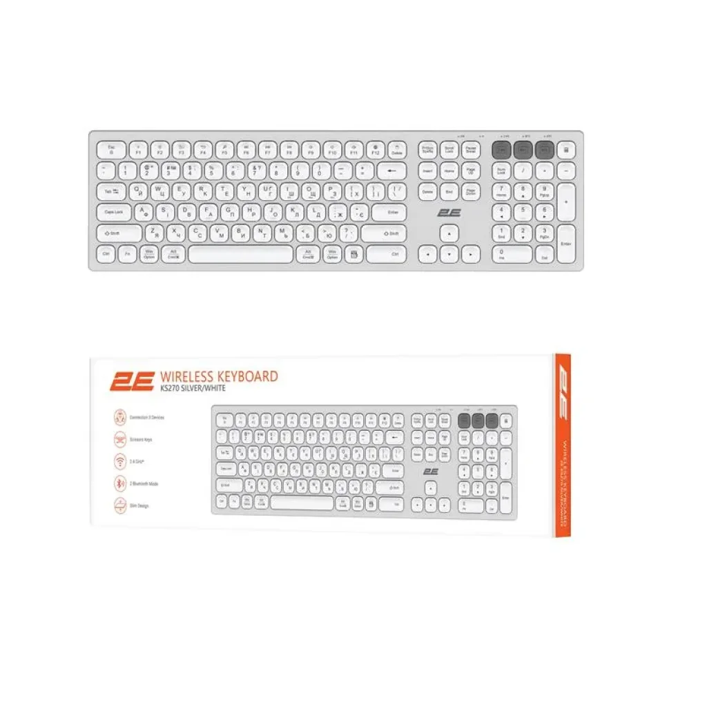 Клавіатура ножнична 2E KS270 109key, WL/BT, EN/UK, сріблясто-білий, 2E-KS270WBWH_UA UA