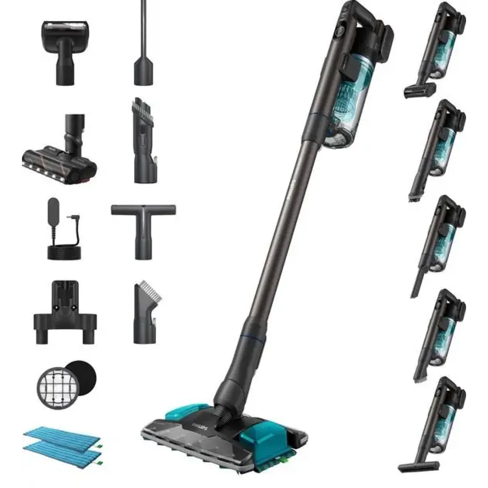 Пилосос Philips безпровідний Complete Series 8000, вологе прибирання, конт пил -0.6л, автон. робота до 80хв, чорно-блакитний (XC8157/01) UA