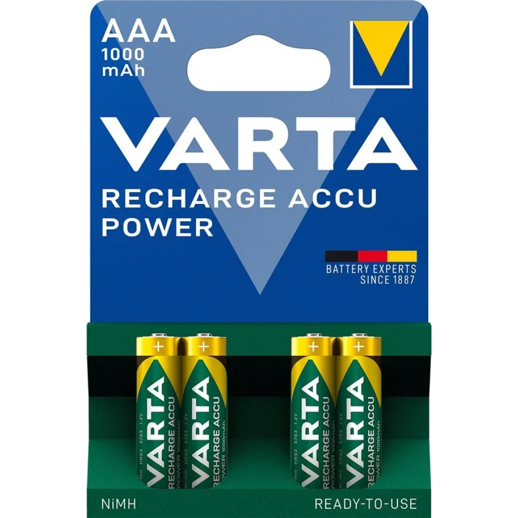 Аккумулятор VARTA RECHARGEABLE ACCU AAA 1000mAh BLI 4 NI-MH (READY 2 USE), 05703301404