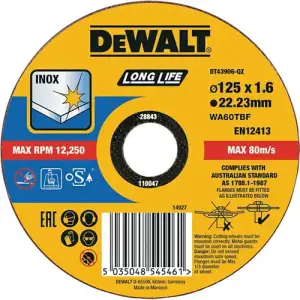 Диск відрізний DeWalt INOX Long Life по металу 125х1.6х22.23мм (DT43906) UA