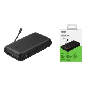 Зовнішній акумулятор Belkin 20000мА·год, 45Вт, з інтегрованим кабелем USB-C, чорний (BPB030HQBK) UA