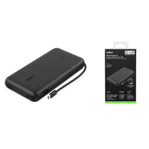 Зовнішній акумулятор Belkin 25000мА·год, 158Вт, з інтегрованим кабелем USB-C, чорний (BPB039HQBK) UA