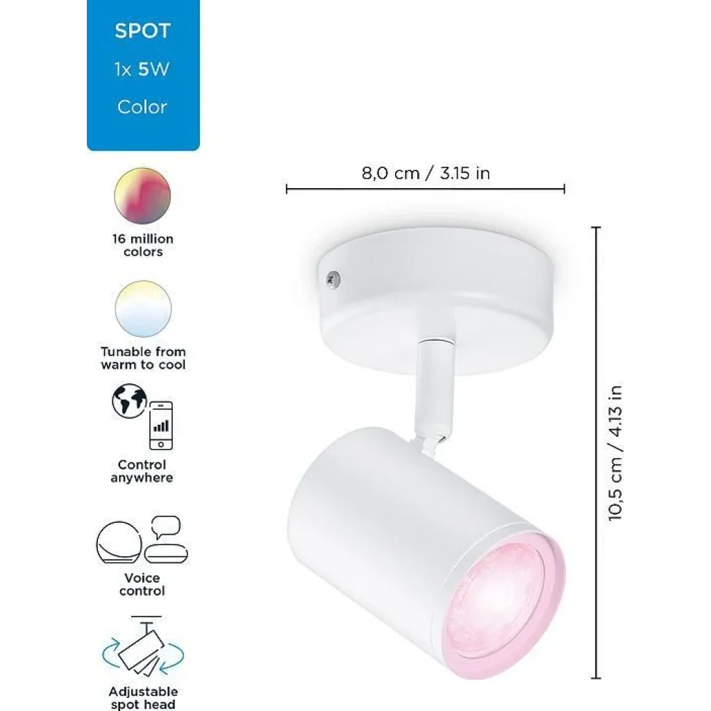 Світильник точковий накладний розумний WiZ IMAGEO Spots, 1х5W 2200-6500K RGB білий, 929002658701 UA