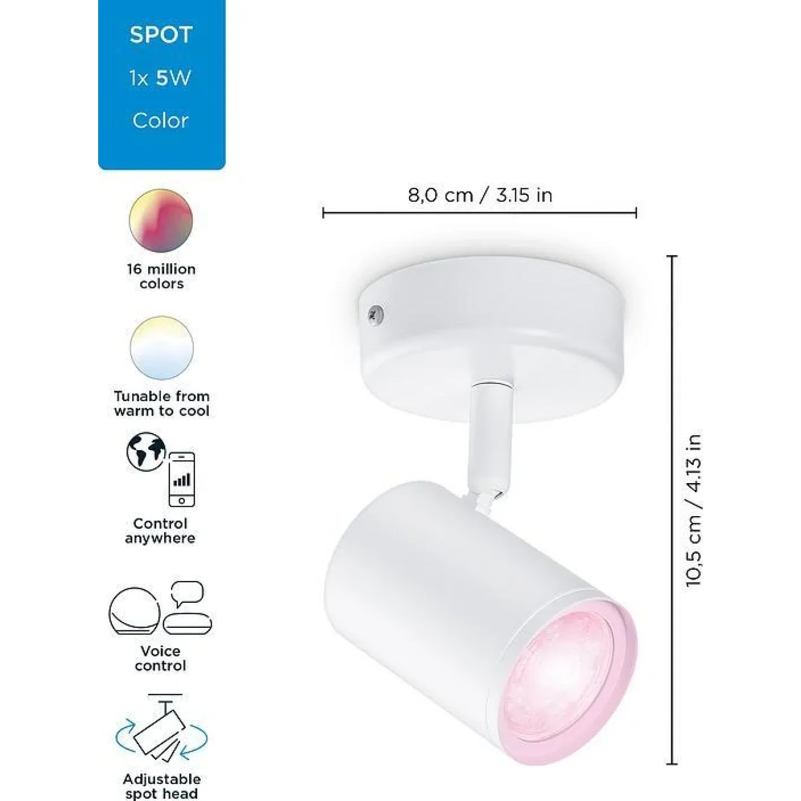 Світильник точковий накладний розумний WiZ IMAGEO Spots, 1х5W 2200-6500K RGB білий, 929002658701 UA
