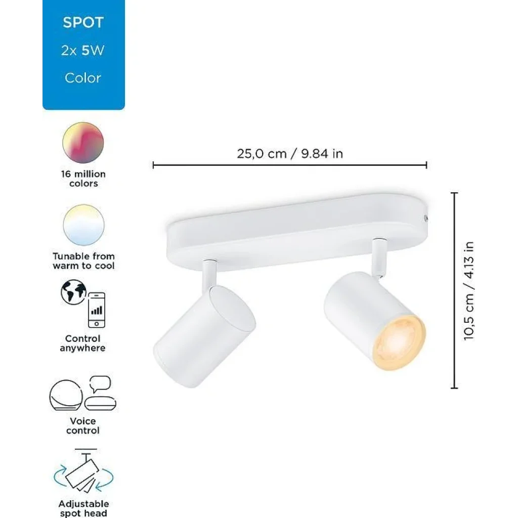 Світильник точковий накладний розумний WiZ IMAGEO Spots, 2х5W, 2200-6500K, RGB, Wi-Fi, білий, 929002658801 UA