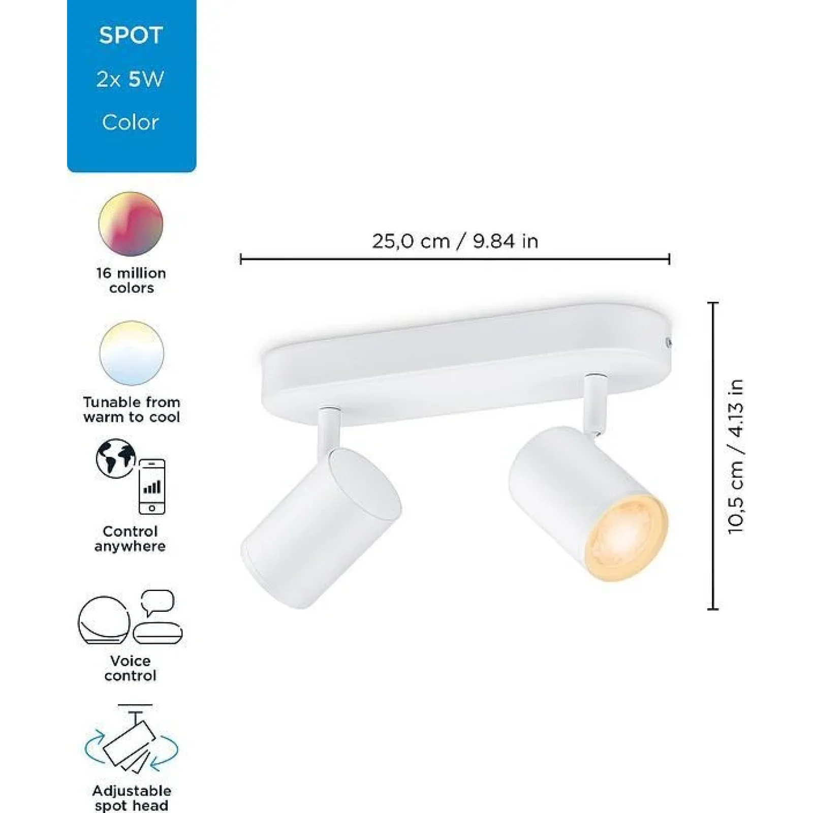 Світильник точковий накладний розумний WiZ IMAGEO Spots, 2х5W, 2200-6500K, RGB, Wi-Fi, білий, 929002658801 UA