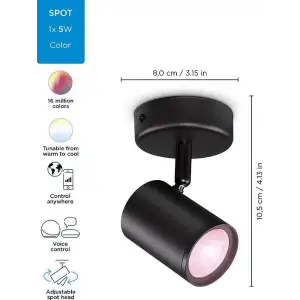 Світильник точковий накладний розумний WiZ IMAGEO Spots, 1х5W, 2200-6500K, RGB, Wi-Fi, чорний, 929002659001 UA