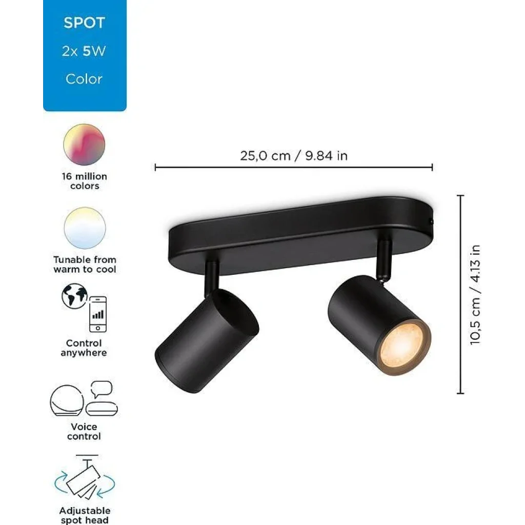 Світильник точковий накладний розумний WiZ IMAGEO Spots, 2х5W, 2200-6500K, RGB, Wi-Fi, чорний, 929002659101 UA