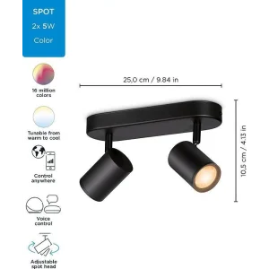 Світильник точковий накладний розумний WiZ IMAGEO Spots, 2х5W, 2200-6500K, RGB, Wi-Fi, чорний, 929002659101 UA