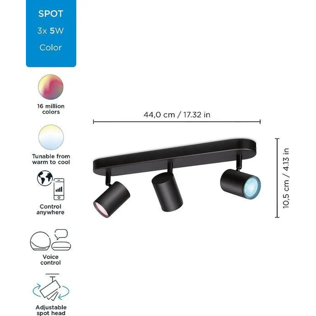 Світильник точковий накладний розумний WiZ IMAGEO Spots, 3х5W, 2200-6500K, RGB, Wi-Fi, чорний, 929002659201 UA