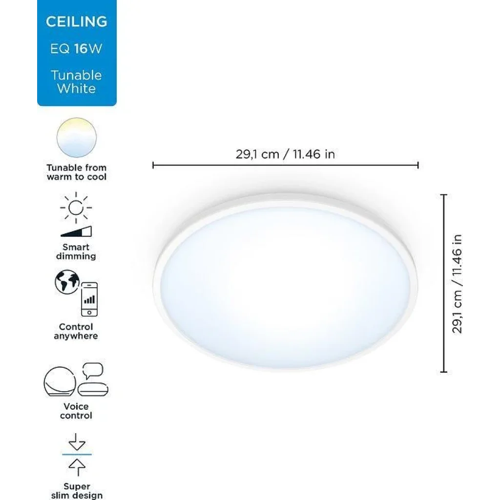 Світильник стельовий розумний WiZ SuperSlim Ceiling, 16W, 1500lm, 29,2см, 2700-6500K, Wi-Fi, білий, 929002685101 UA