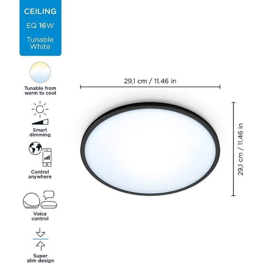 Світильник стельовий розумний WiZ SuperSlim Ceiling, 16W, 1500lm, 29,2см, 2700-6500K, Wi-Fi, чорний, 929002685201 UA