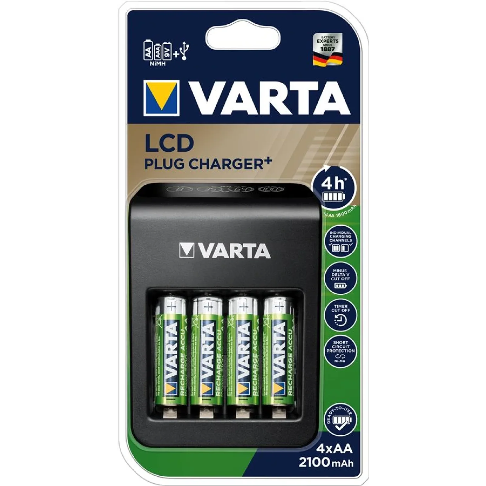 Зарядное устройство VARTA LCD PLUG CHARGER+4xAA 2100 mAh, 57687101441 UA
