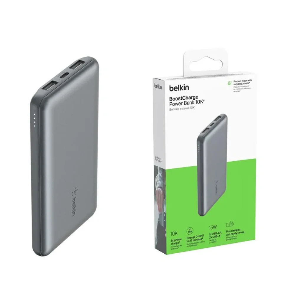 Зовнішній акумулятор Belkin 10000 mAh, 15Вт, 2хUSB-A/USB-C, cірий, BPB011BTGY UA