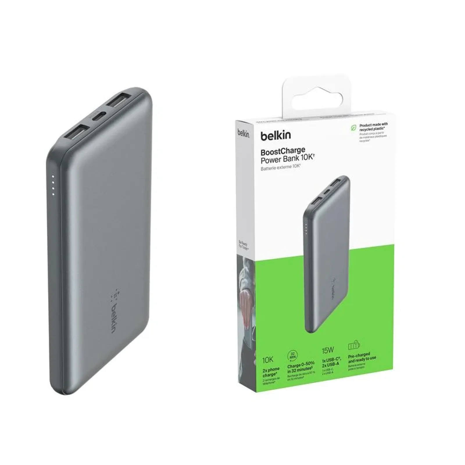 Зовнішній акумулятор Belkin 10000 mAh, 15Вт, 2хUSB-A/USB-C, cірий, BPB011BTGY UA
