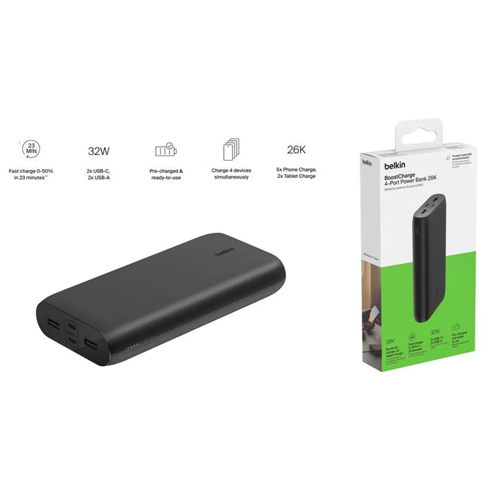 Зовнішній акумулятор Belkin 26000 mAh, 32Вт, USB-A/USB-C PD PPS, чорний, BPB016BTBK UA