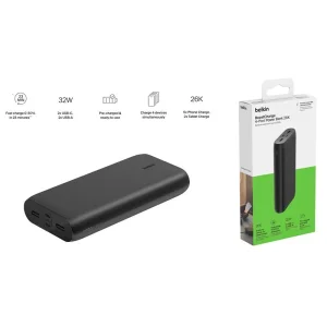 Зовнішній акумулятор Belkin 26000 mAh, 32Вт, USB-A/USB-C PD PPS, чорний, BPB016BTBK UA