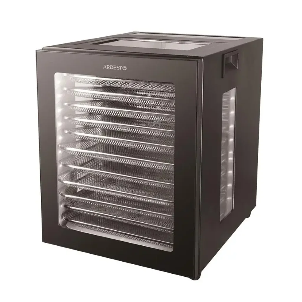 Сушарка для продуктів Ardesto FDB-1242, 850Вт, піддонів -12x3см, макс-70°С, таймер, електр. управління, нерж., чорний UA
