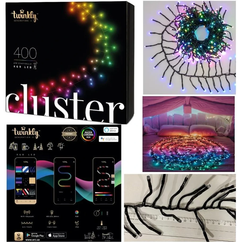 Smart LED Гірлянда Twinkly Cluster RGB 400, Gen II, IP44, довжина 6м, кабель чорний, TWC400STP-BEU UA