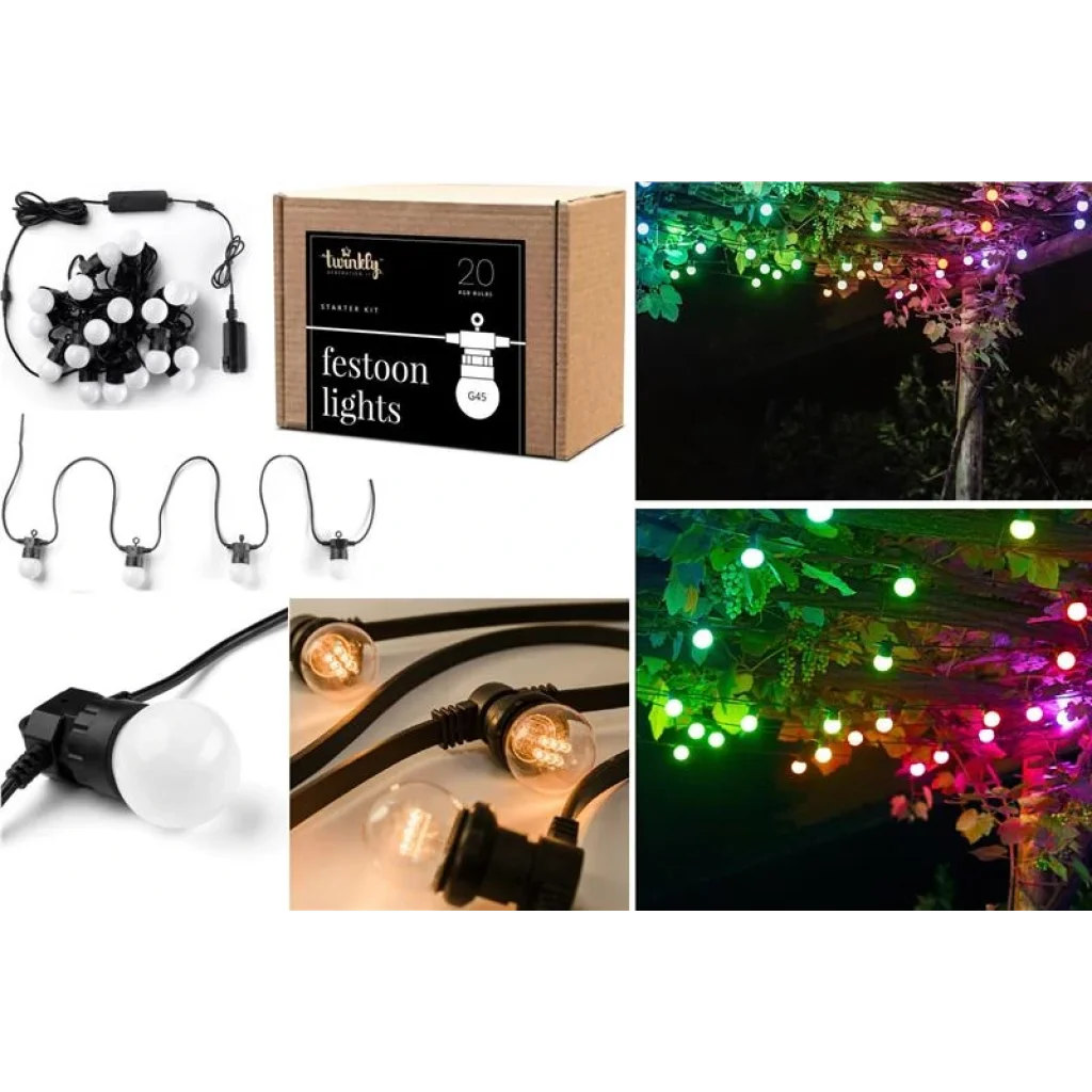 Гірлянда Smart LED Twinkly Festoon RGB 20, G45, Gen II, IP44, 10м, кабель чорний, TWF020STP-BEU UA