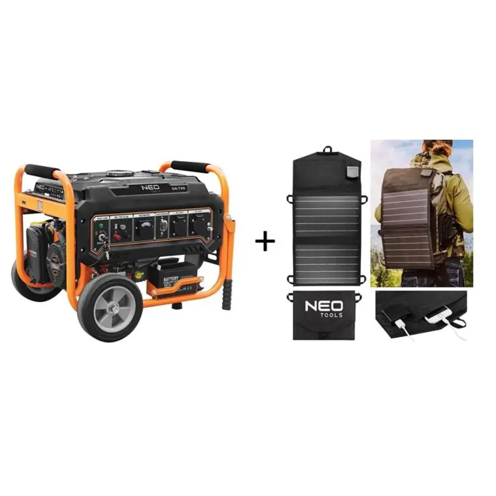 Генератор бензиновий Neo Tools 230В (1 фаза), 2.8/3кВт, електростартер, AVR, 45кг + Портативний зарядний пристрій сонячна панель 90-140 (04-730P) UA