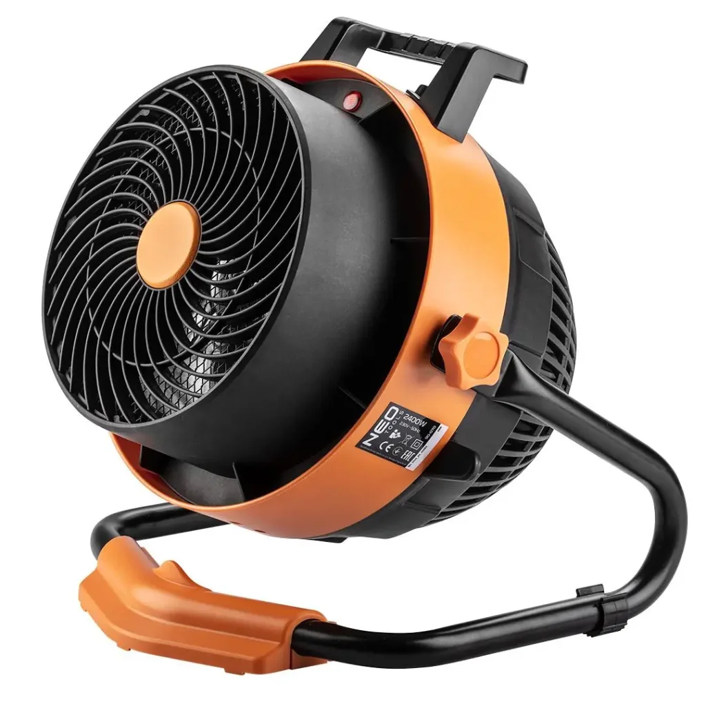 Теплова гармата електрична Neo Tools, 2в1, 2.4кВт, 35-50м кв, 460м куб/год, ручне регулювання, чорно-помаранчевий (90-070) UA