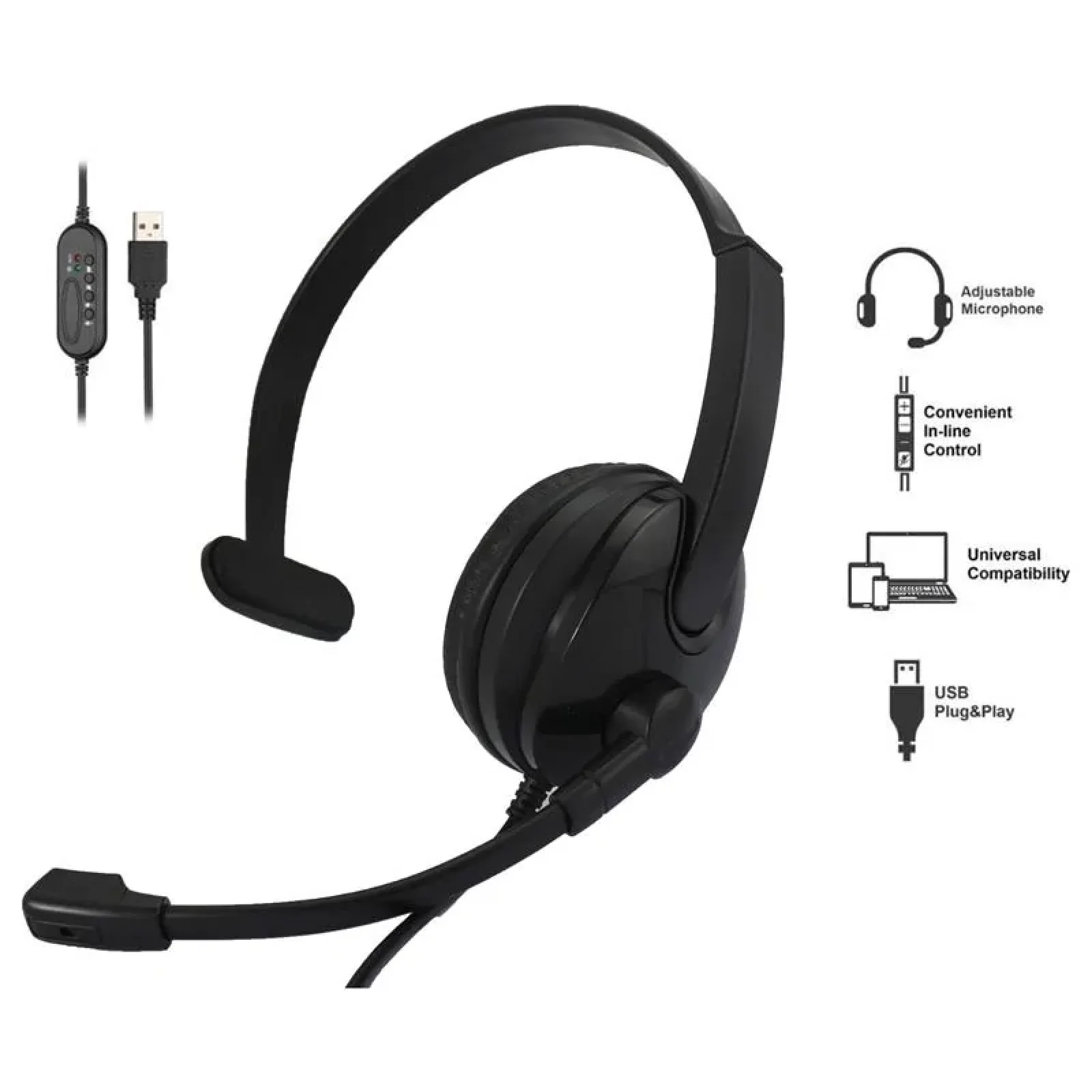 Гарнітура ПК моно On-ear 2E CH12 USB, omni-mic, 2м, чорний, 2E-CH12MU UA
