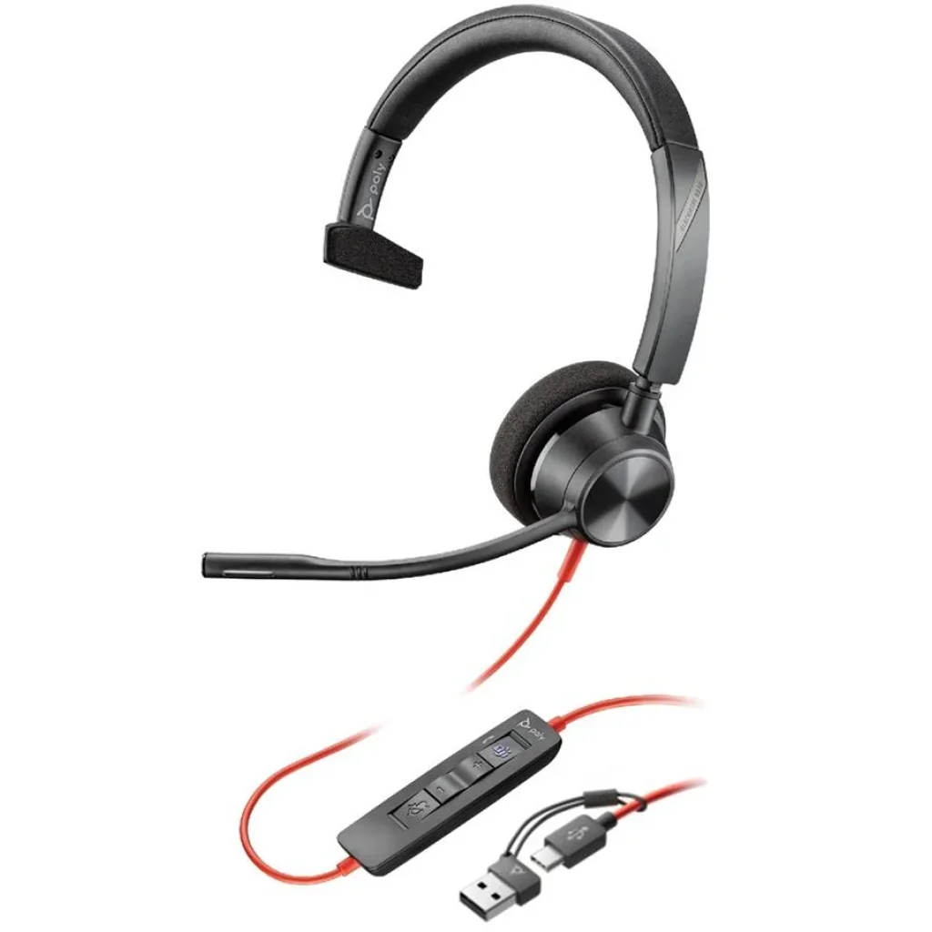 Гарнітура комп'ютерна моно On-ear Poly Blackwire 3310-M, USB-A, USB-C, всеспрямований, Microsoft Teams, чорний, 8X216AA UA