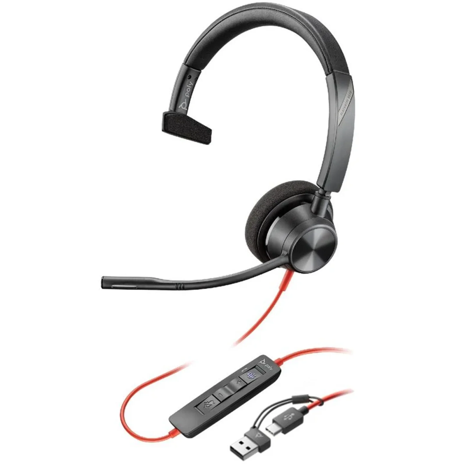 Гарнітура комп'ютерна моно On-ear Poly Blackwire 3310-M, USB-A, USB-C, всеспрямований, Microsoft Teams, Black, 8X216AA UA