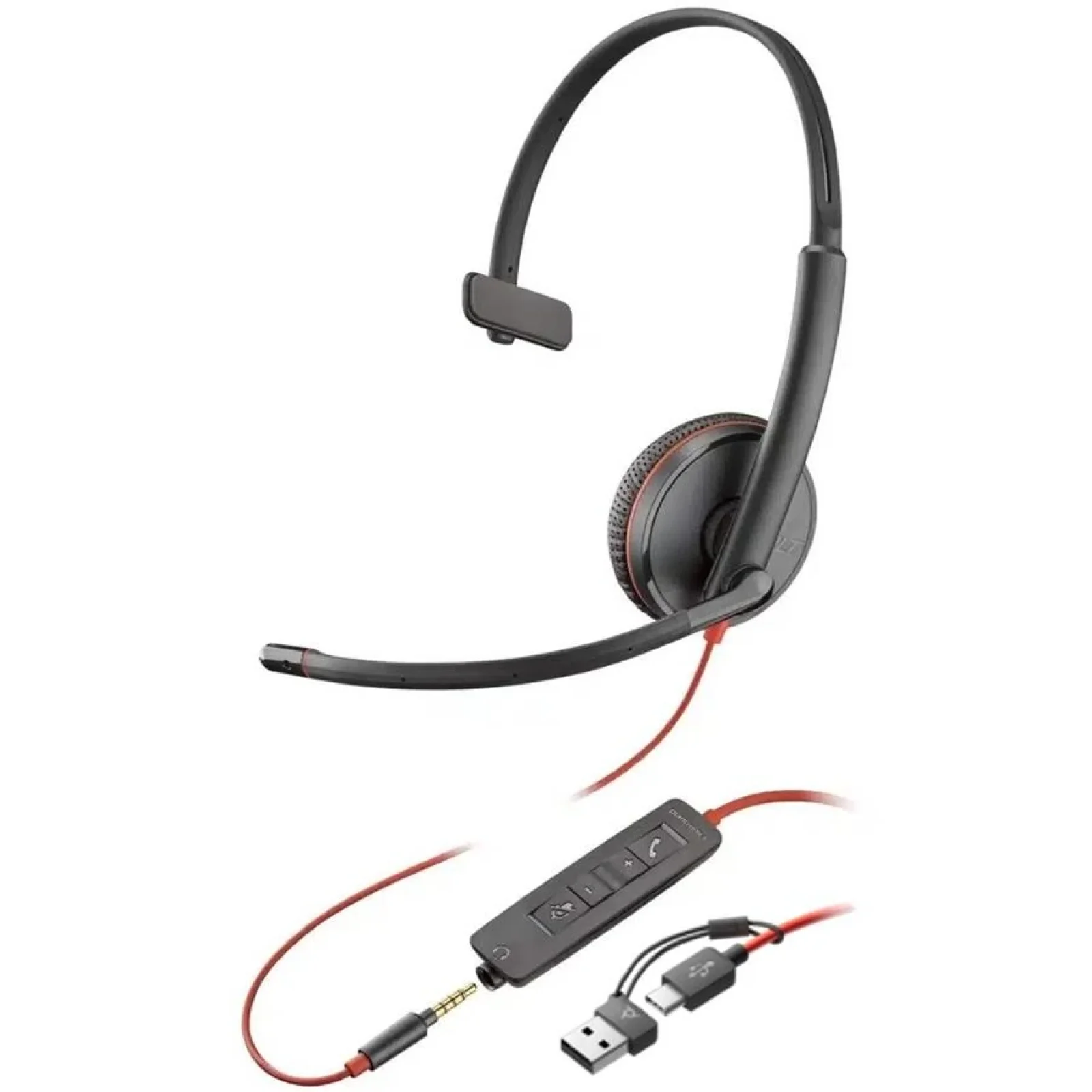 Гарнітура комп'ютерна моно On-ear Poly Blackwire 3215, USB-A, USB-C, 3.5 мм, всеспрямований, чорний, 8X227AA UA