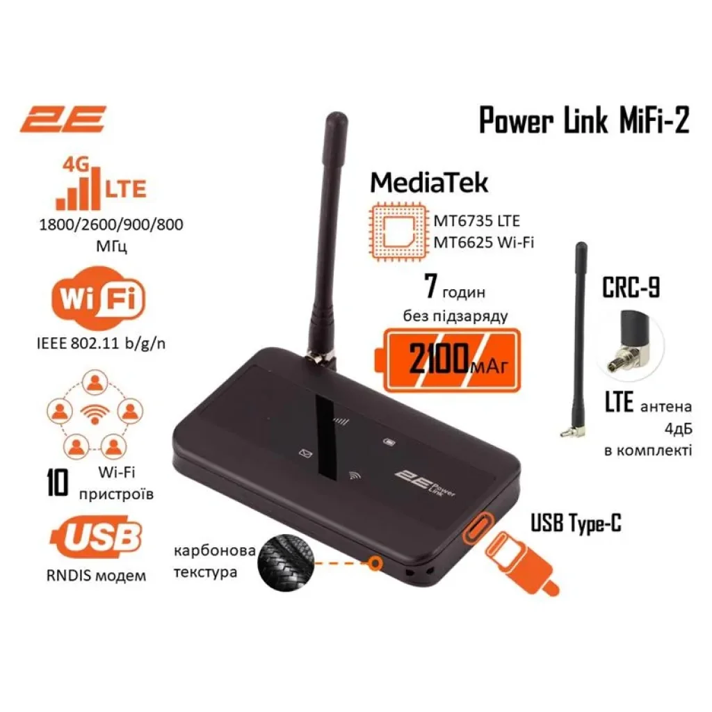 Мобільний маршрутизатор 2E PowerLink (MiFi-2) LTE, Wi-Fi4, 1xType-C, 1xCRC9, 2100мА•год чорний, 694743655346 UA