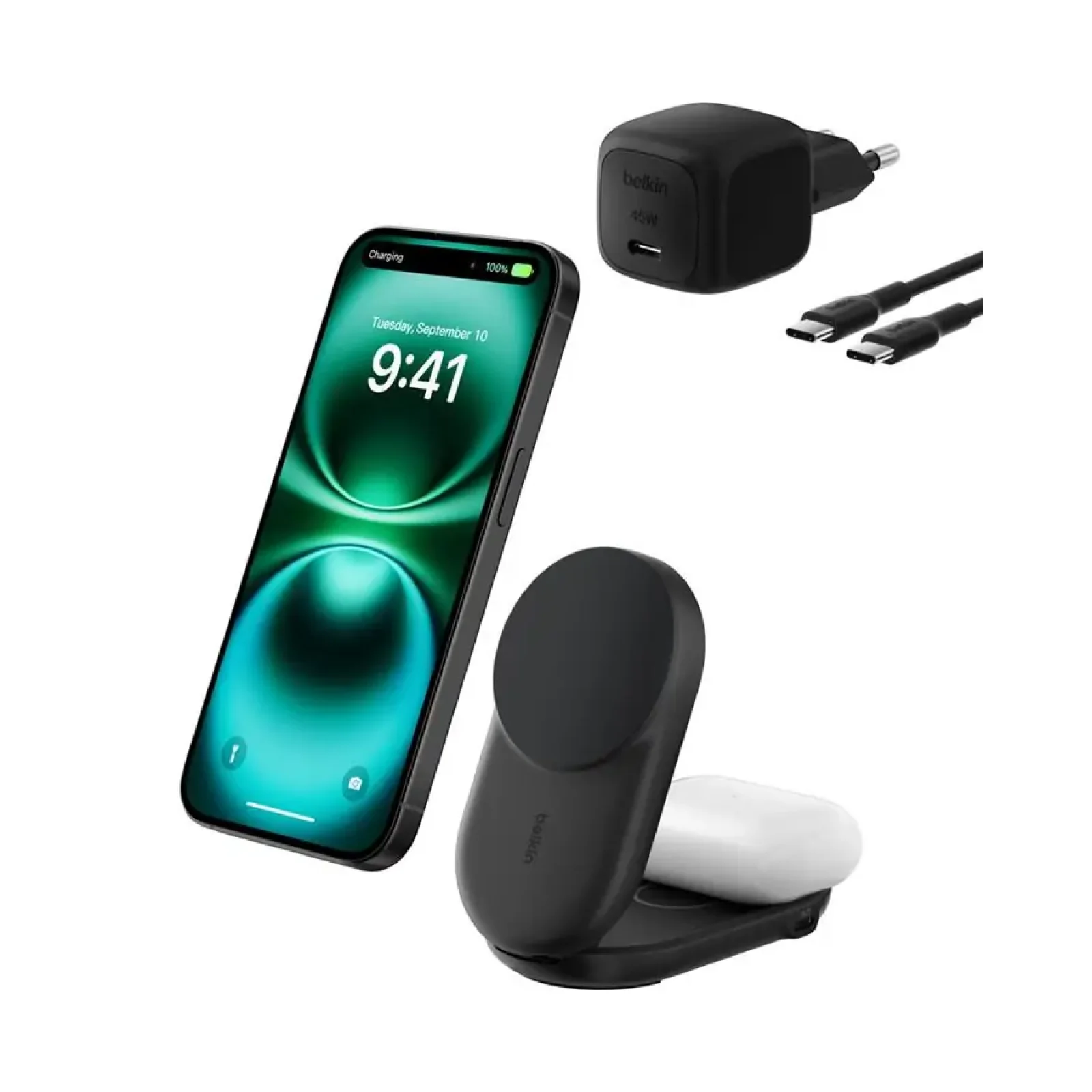 Беспроводная зарядка Belkin UltraCharge 2-in-1 Foldable Magnetic Charging 25Вт, Black (WIZ039KQBK) UA