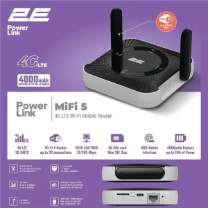 Мобільний маршрутизатор 2E PowerLink (MiFi-5 2025) N150, LTE, Wi-Fi4, 1xFE LAN, 1xType-C, 4000мА•год чорний (794300866700) UA