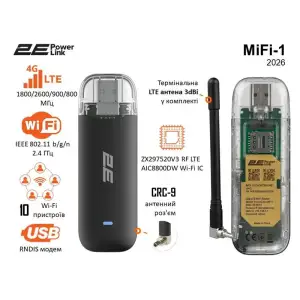 Мобільний маршрутизатор 2E PowerLink MiFi-1 (2026) LTE, Wi-Fi4, 1xUSB, 1xCRC9 чорний-прозорий (794300868933) UA